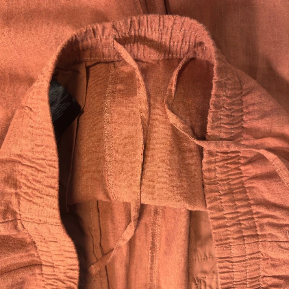 HM Mens Loose Fit Linen Blend Trousers Burnt Orange Elastic Waist Size L